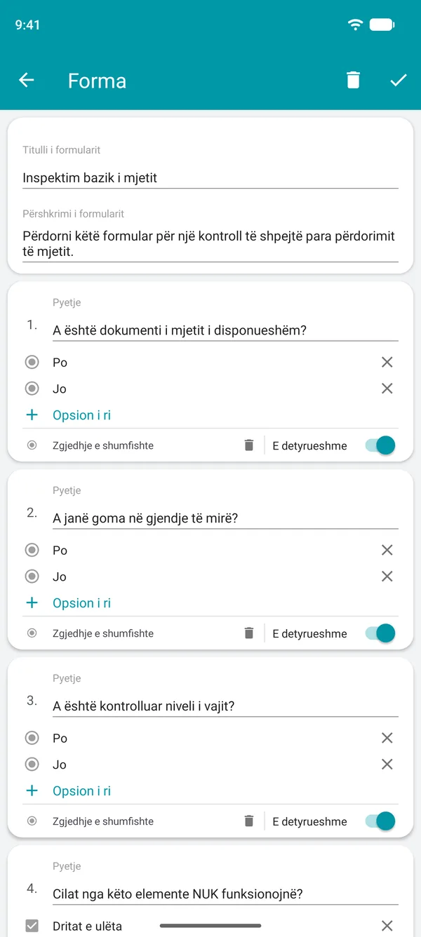 Krijimi i një formulari për listën kontrolluese në aplikacionin Drivvo, me pyetje po ose jo dhe një fushë të detyrueshme