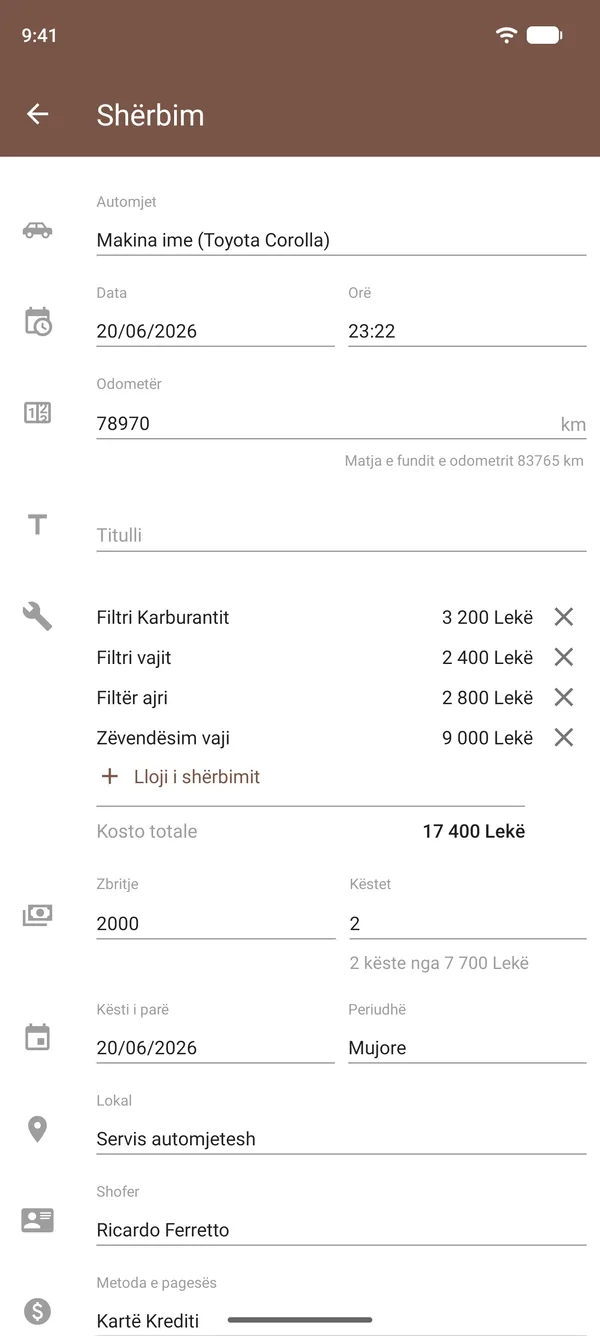 Regjistrim shërbimi në Drivvo me zëvendësim vaji, filtra, kosto, matësin e kilometrave dhe vendndodhjen