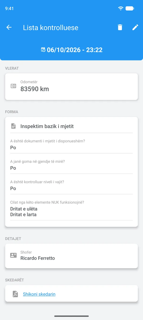 Listë kontrolluese e plotësuar në Drivvo, me përgjigjet, shoferin dhe skedarin bashkëngjitur