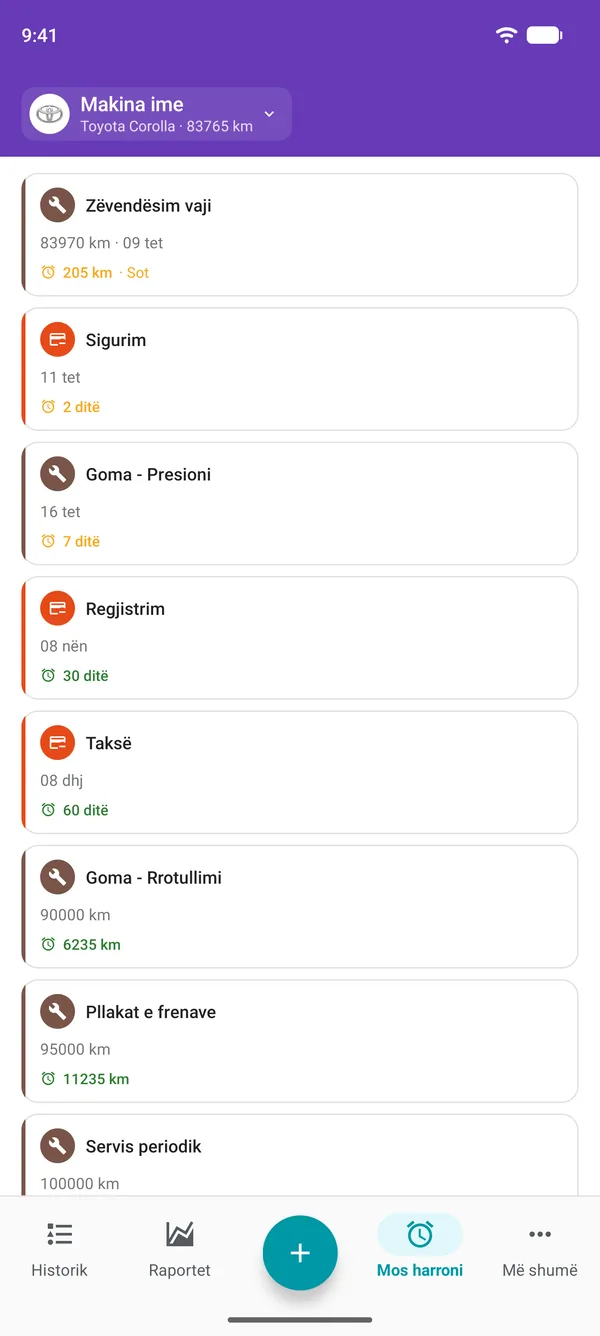 Kujtesat në aplikacionin Drivvo për servisin, regjistrimin dhe taksat, me kohën e mbetur deri në afat