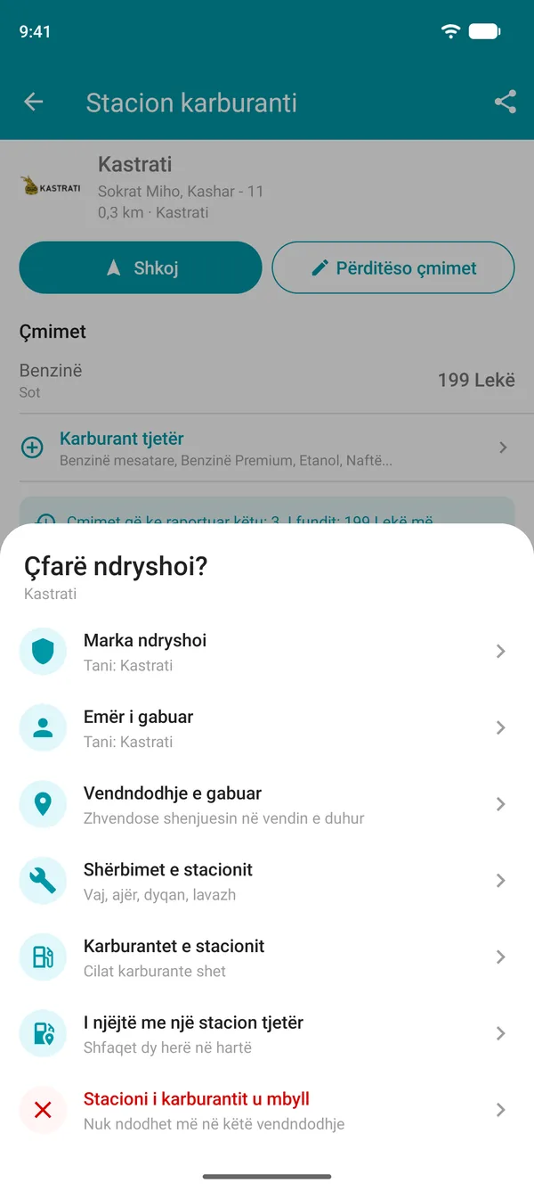 Opsionet Sugjero një ndryshim në Drivvo: marka, emri, vendndodhja, shërbimet, karburantet, stacion i dyfishuar ose i mbyllur