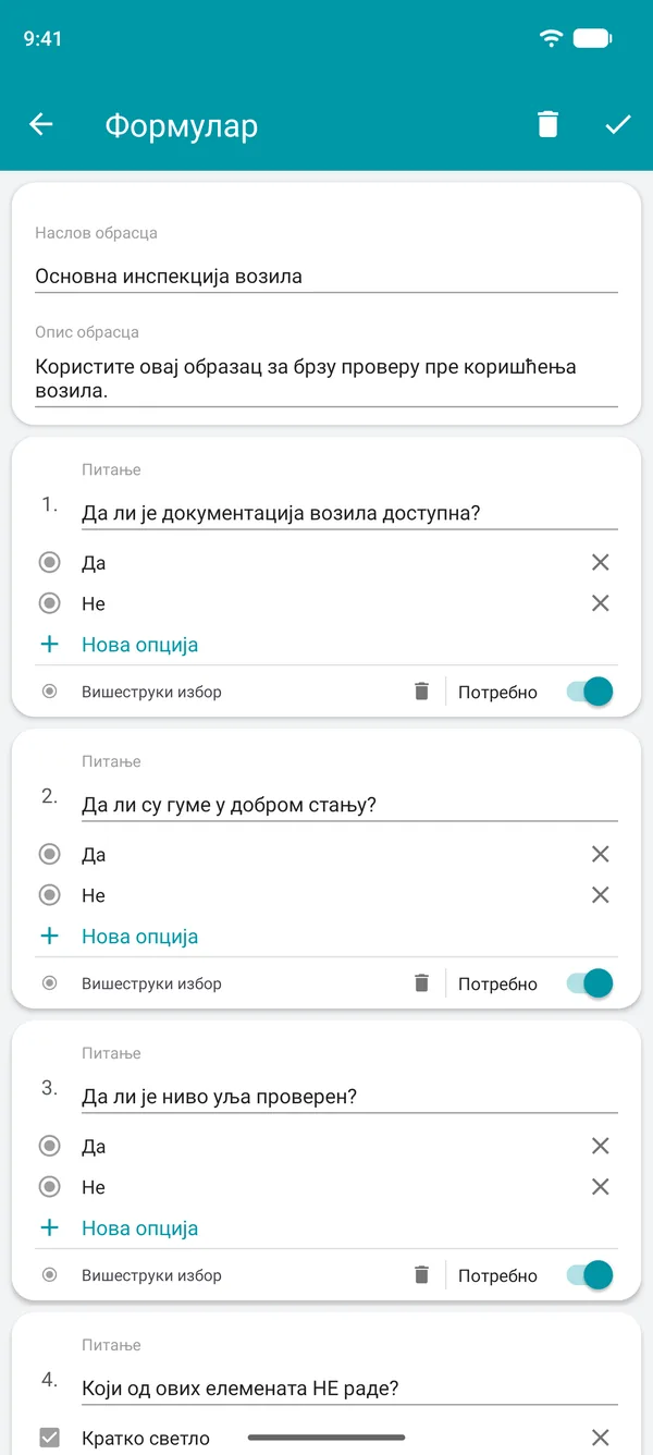 Креирање формулара контролне листе у апликацији Drivvo, са питањима са одговорима да или не и обавезним пољем