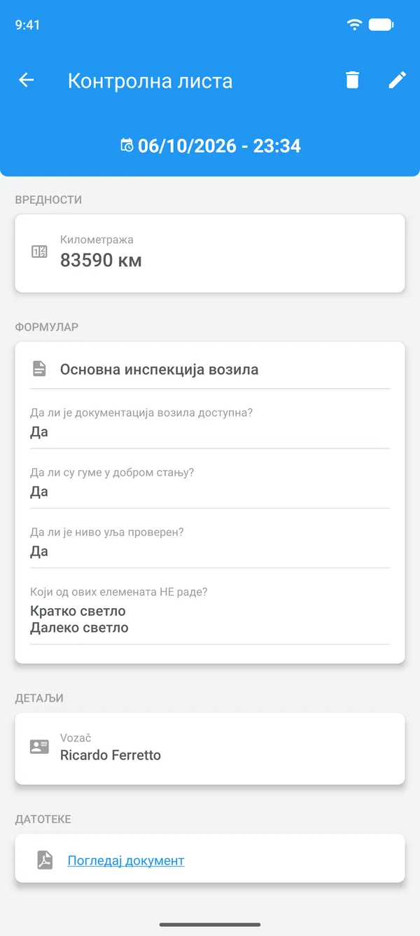Попуњена контролна листа у Drivvo, са одговорима, возачем и приложеном датотеком
