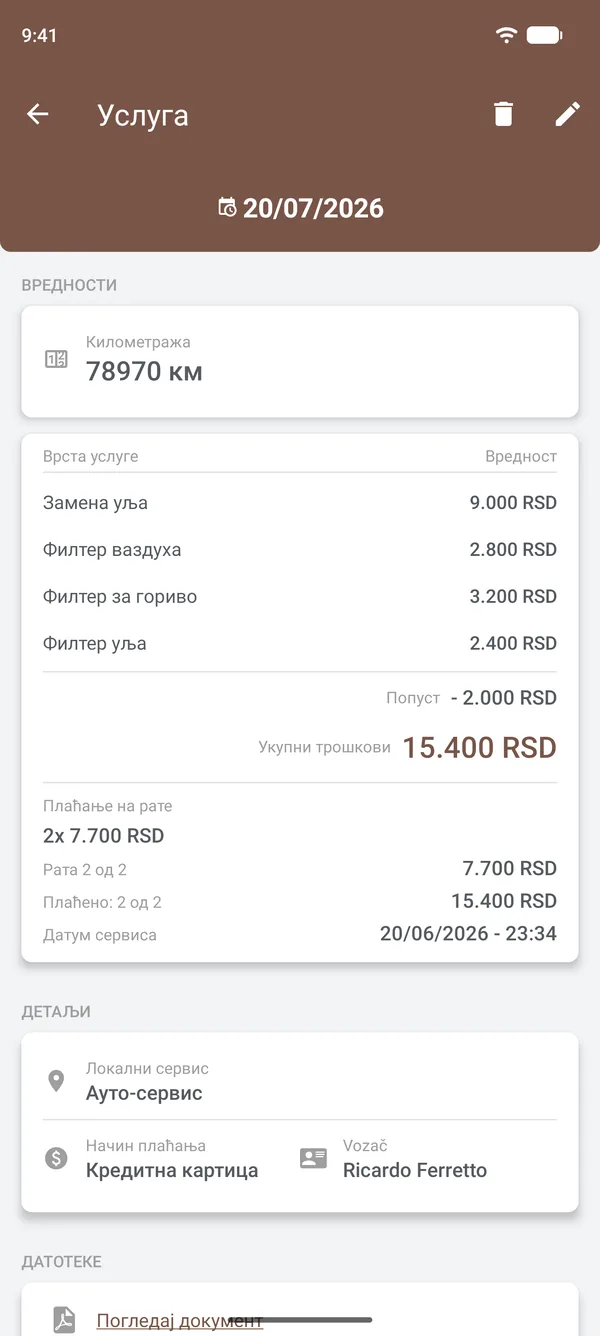 Детаљи сервиса са ставкама, попустом, ратама, местом и возачем