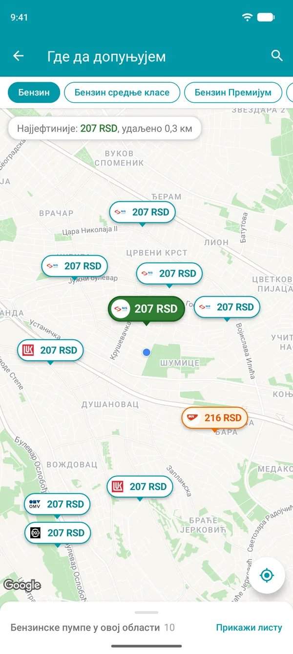 Мапа у апликацији Drivvo са ценом бензина на свакој оближњој бензинској пумпи и најјефтинијом означеном зеленом бојом