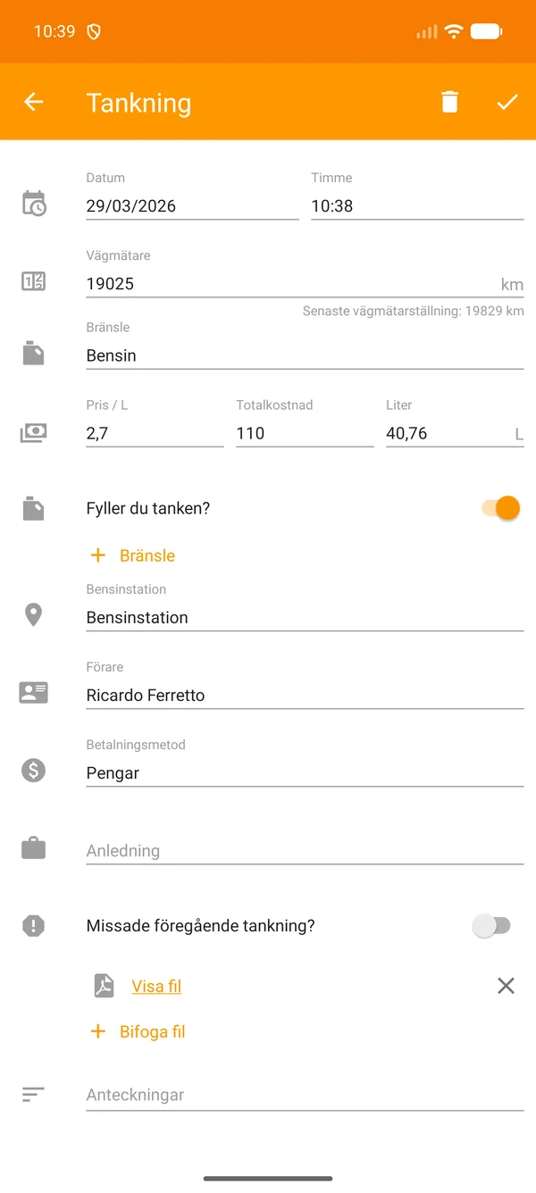 Drivvo — Registrering — Tankning