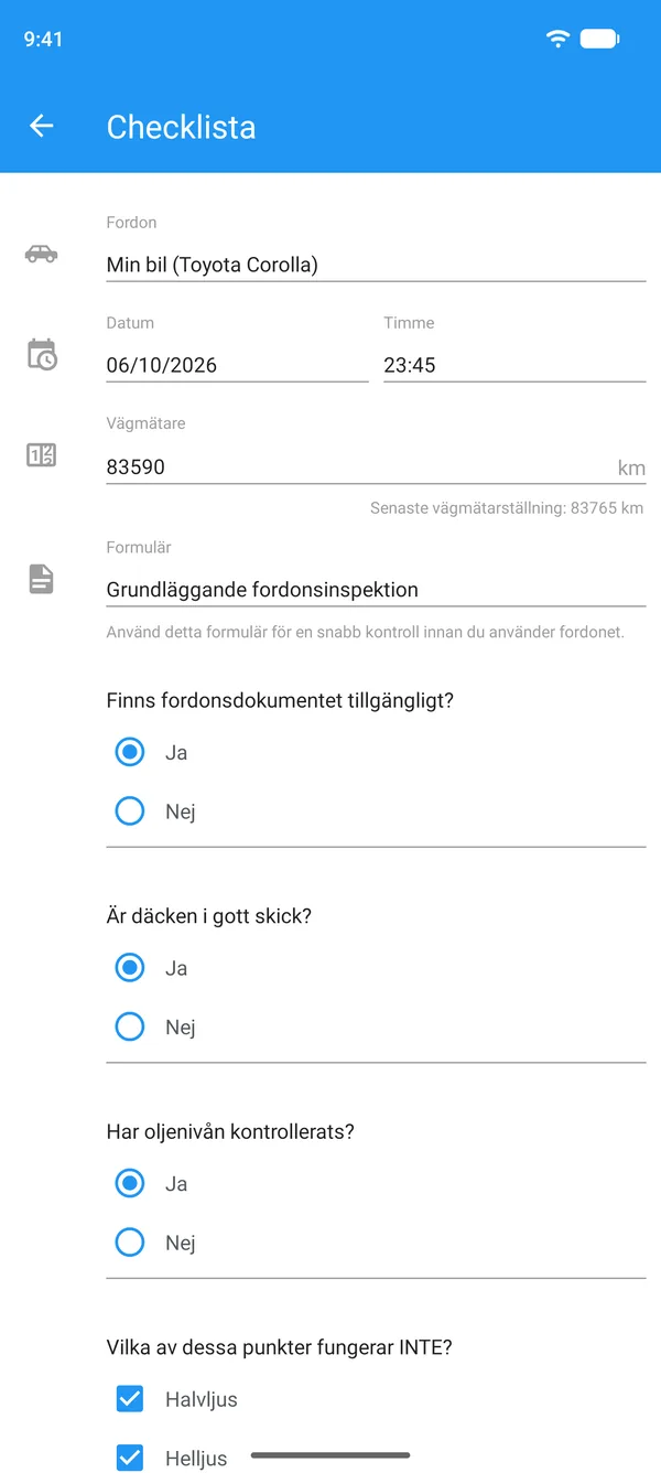 Fordonschecklista ifylld i mobilen, med fordon, vägmätarställning och ja- eller nej-svar