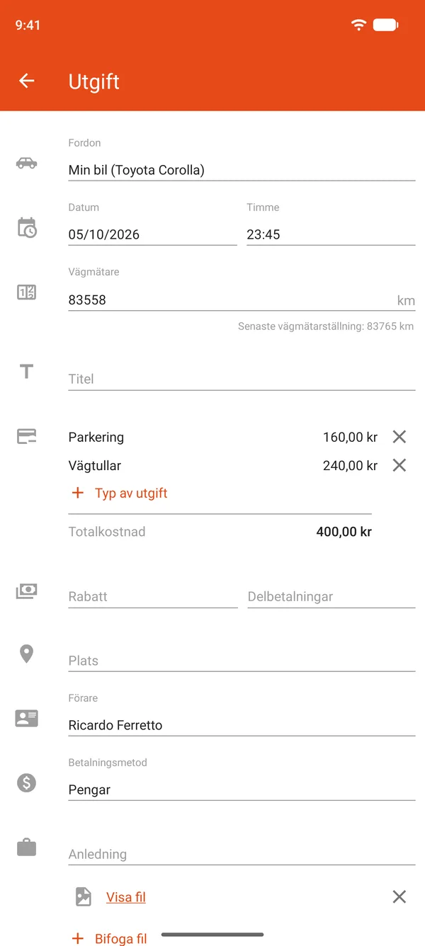 Registrering av utgift för parkering och vägavgifter, med rabatt och delbetalning