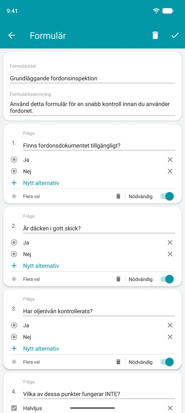 Skapa ett checklisteformulär i Drivvo med ja- och nejfrågor och ett obligatoriskt fält