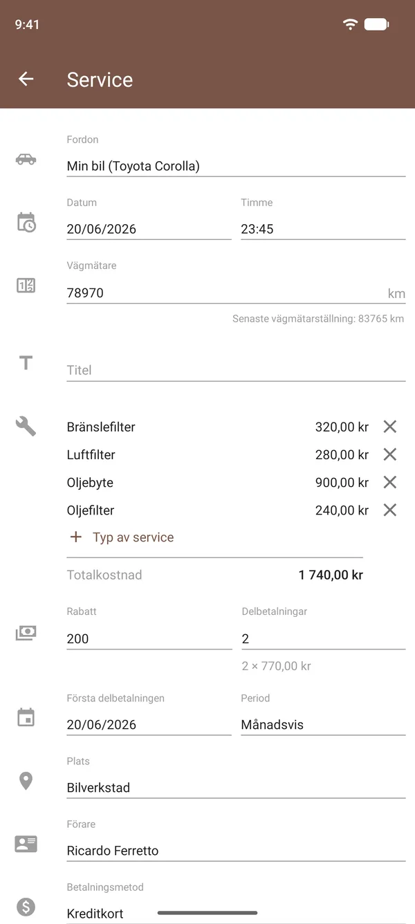 Registrerad service i Drivvo med oljebyte, filter, kostnader, vägmätarställning och plats