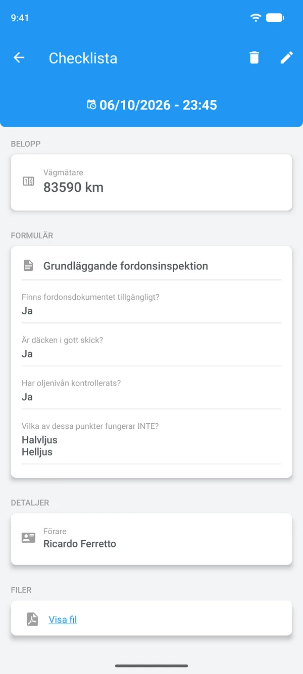 Ifylld checklista i Drivvo med svaren, föraren och den bifogade filen
