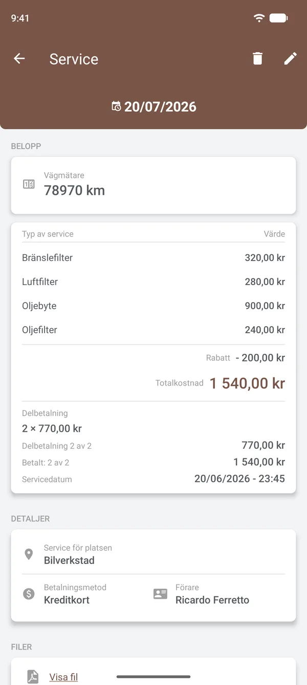 Serviceuppgifter med åtgärder, rabatt, delbetalningar, plats och förare