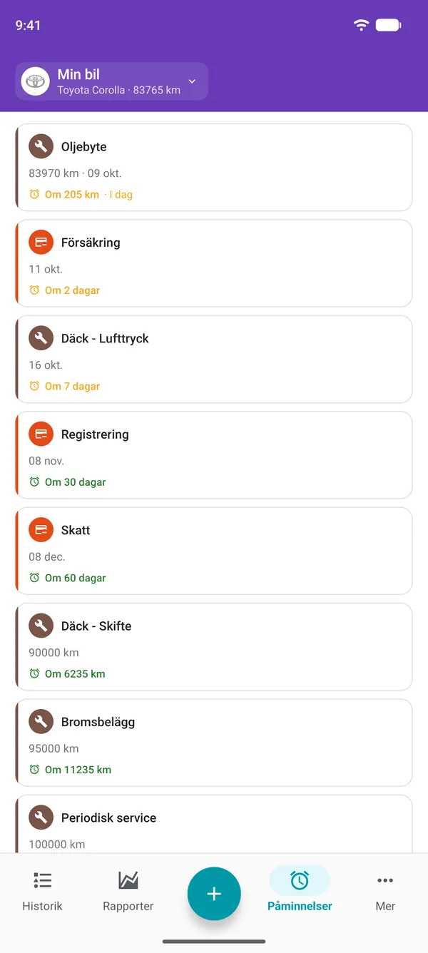 Påminnelser i Drivvo-appen om service, registrering och skatt, med tid kvar till varje förfallodatum