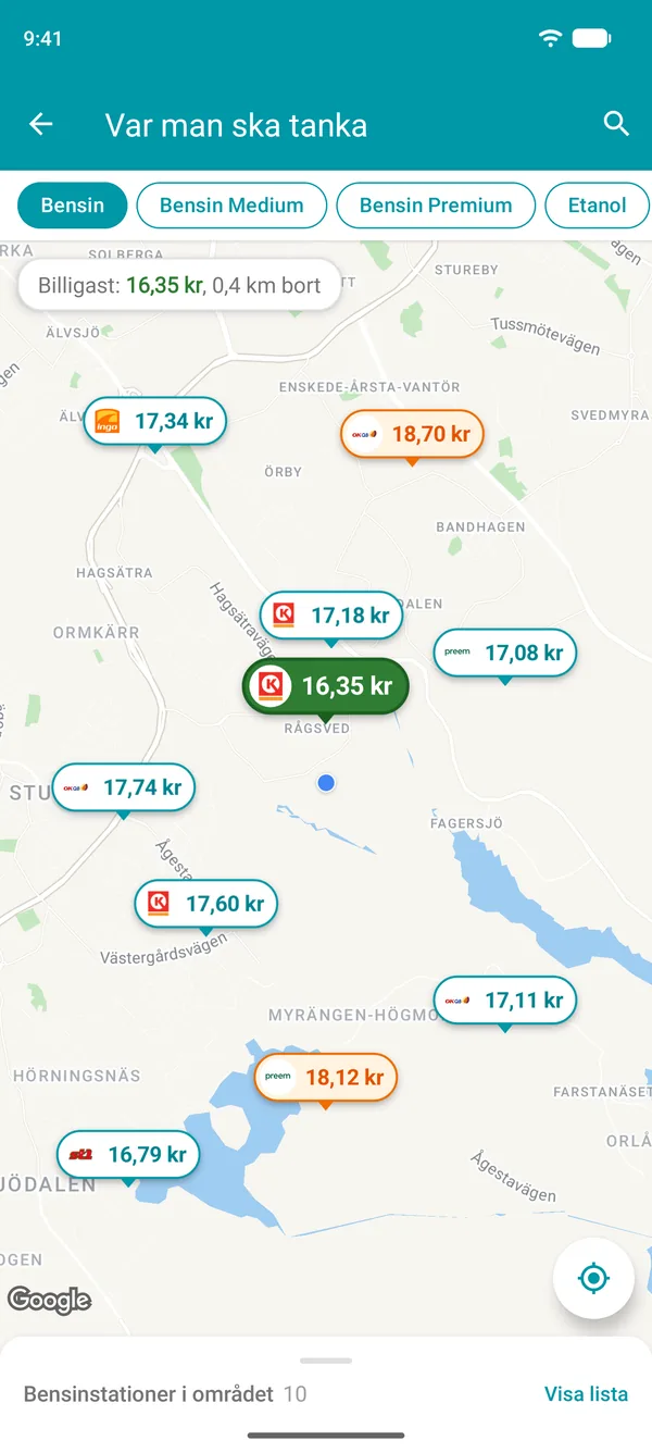 Karta i Drivvo-appen med bensinpriset på varje bensinstation nära dig och den billigaste markerad i grönt