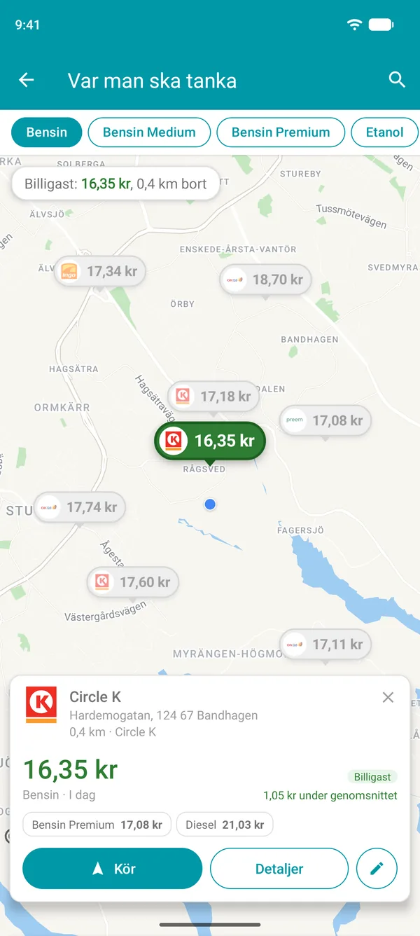 Den billigaste bensinstationen öppnad i Drivvo-appen, med bränslepriser, avstånd och knappen Kör