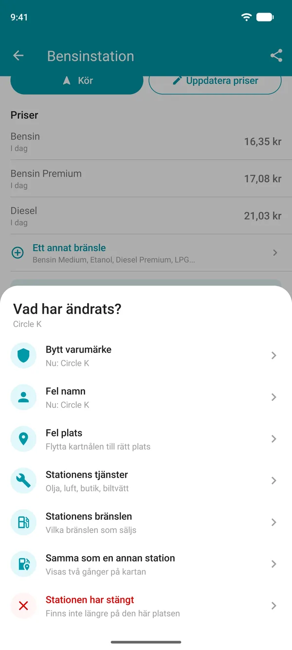 Alternativ för Föreslå en ändring i Drivvo: varumärke, namn, plats, tjänster, bränslen, dubblett eller stängd bensinstation