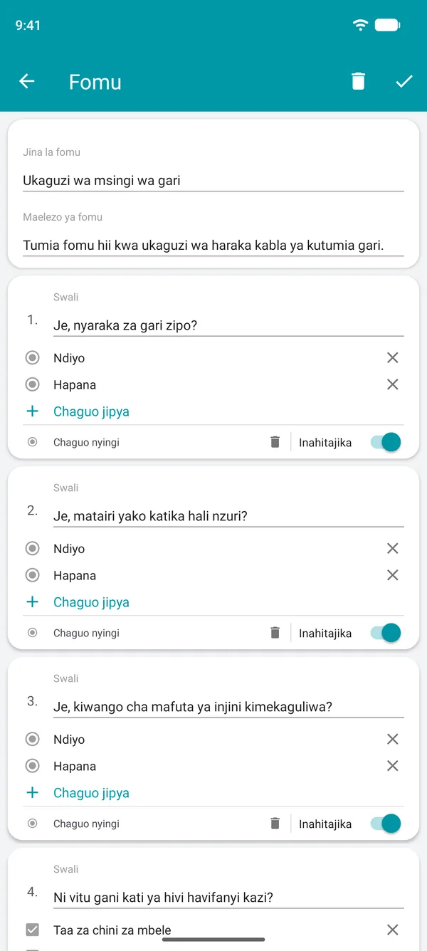 Kuunda fomu ya orodha ya ukaguzi katika programu ya Drivvo, yenye maswali ya ndiyo au hapana na sehemu ya lazima
