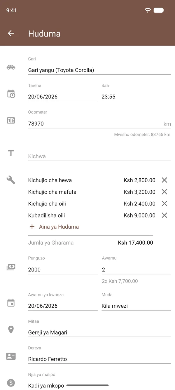 Rekodi ya huduma katika Drivvo yenye kubadilisha oili, vichujio, gharama, odomita na mahali