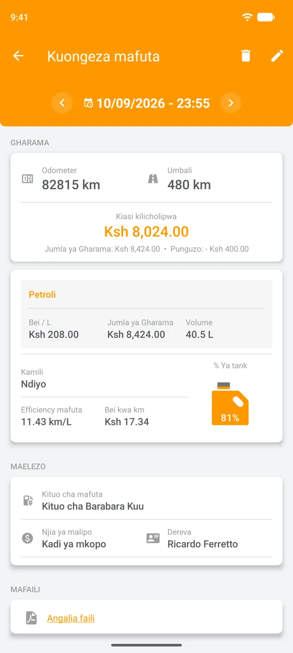 Rekodi ya kuongeza mafuta iliyohifadhiwa yenye ufanisi wa mafuta, umbali uliosafiriwa na gharama kwa kila kipimo cha umbali