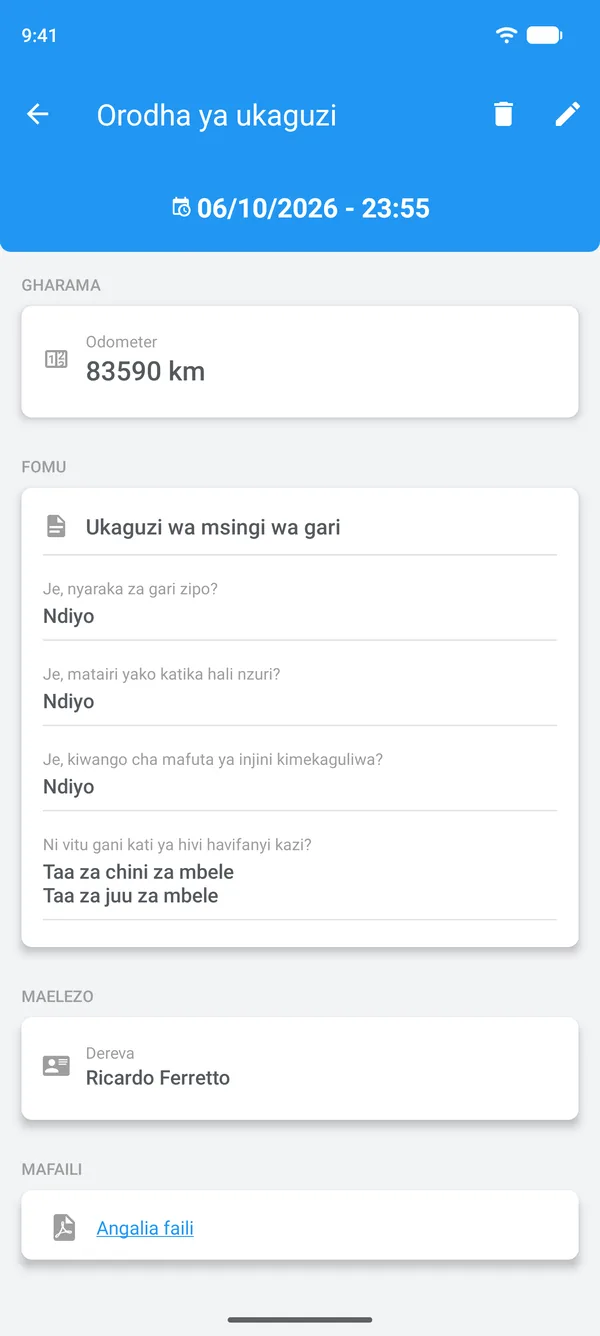 Orodha ya ukaguzi iliyokamilishwa kwenye Drivvo, ikiwa na majibu, dereva na faili iliyoambatishwa