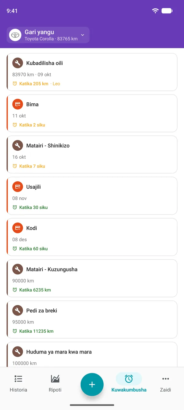 Vikumbusho katika programu ya Drivvo vya huduma, usajili na kodi, vikionyesha muda uliobaki kabla ya kila kimoja kufika