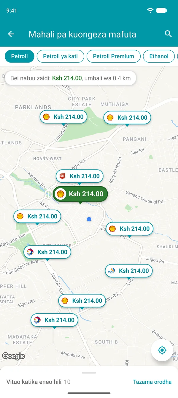 Ramani kwenye programu ya Drivvo inayoonyesha bei ya petroli katika kila kituo cha mafuta kilicho karibu nawe, na cha bei nafuu zaidi kwa rangi ya kijani