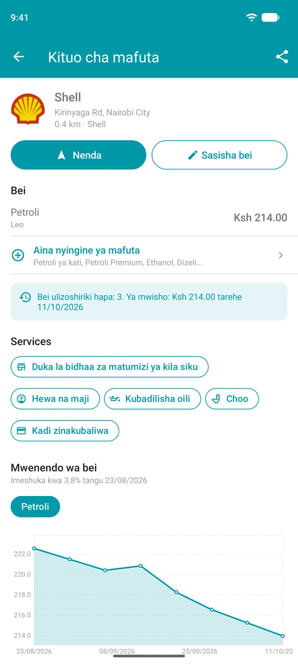Maelezo ya kituo cha mafuta kwenye Drivvo yenye bei za mafuta, huduma na chati ya historia ya bei