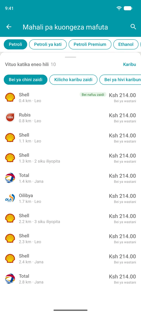 Orodha ya vituo vya mafuta vilivyo karibu nawe kwenye Drivvo, kuanzia bei ya chini kabisa, na chaguo la kupanga kulingana na umbali