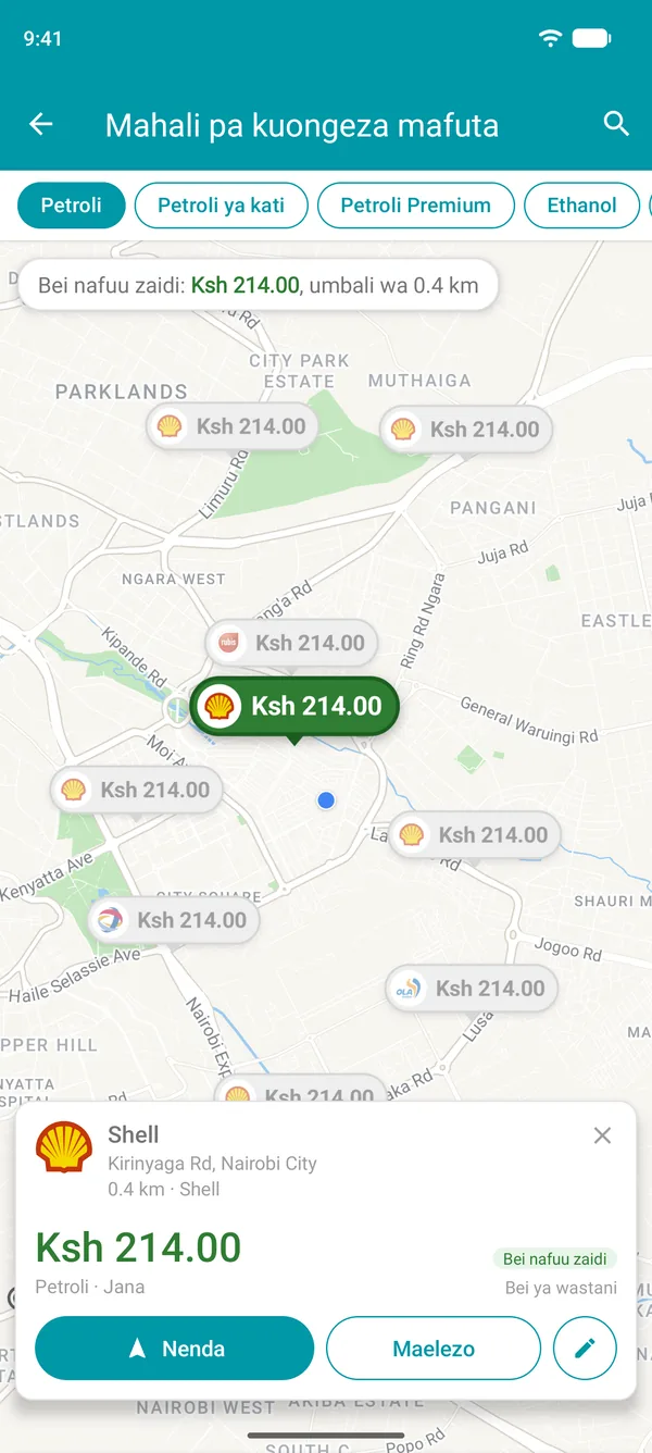 Kituo cha bei nafuu zaidi kikiwa kimefunguliwa kwenye programu ya Drivvo, kikionyesha bei za mafuta, umbali na kitufe cha Nenda