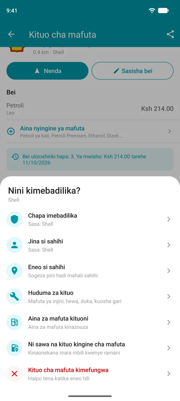 Chaguo za Pendekeza mabadiliko kwenye Drivvo: chapa, jina, eneo, huduma, aina za mafuta, kituo kilichorudiwa au kilichofungwa