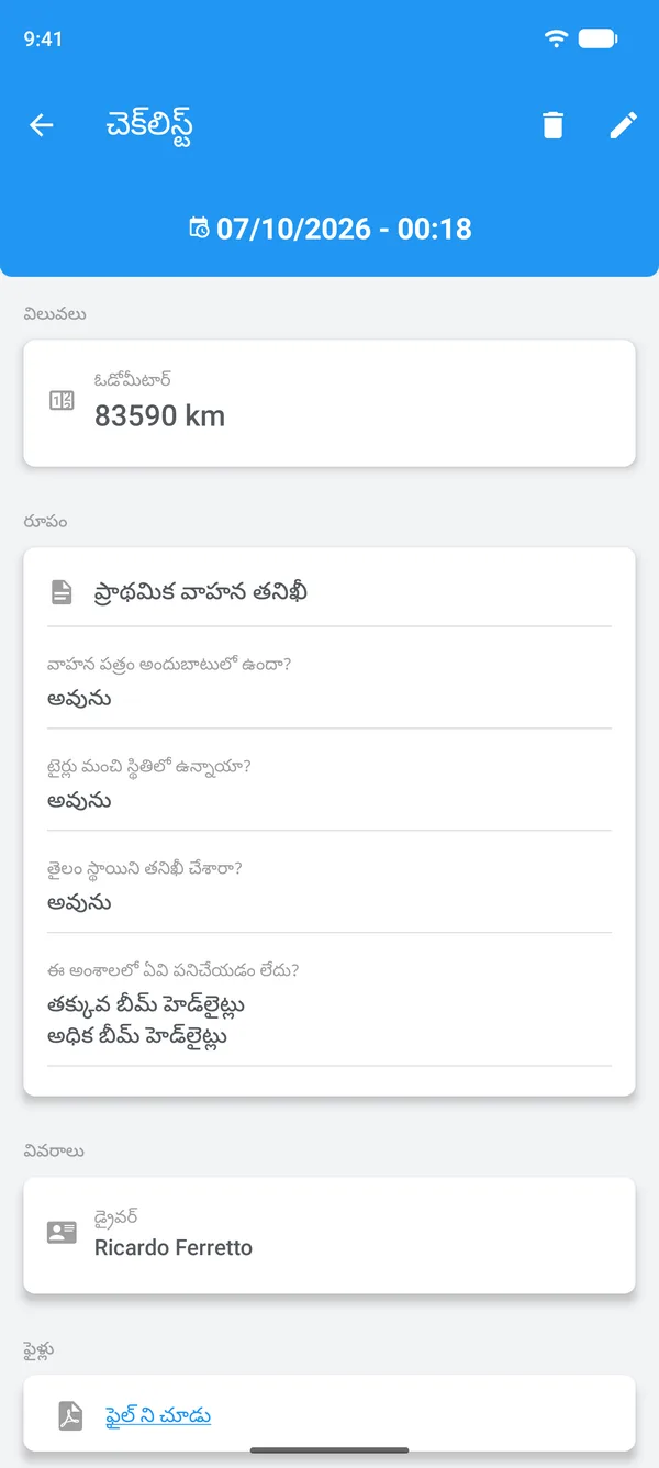 సమాధానాలు, డ్రైవర్, జోడించిన ఫైల్తో Drivvoలో పూర్తి చేసిన చెక్లిస్ట్