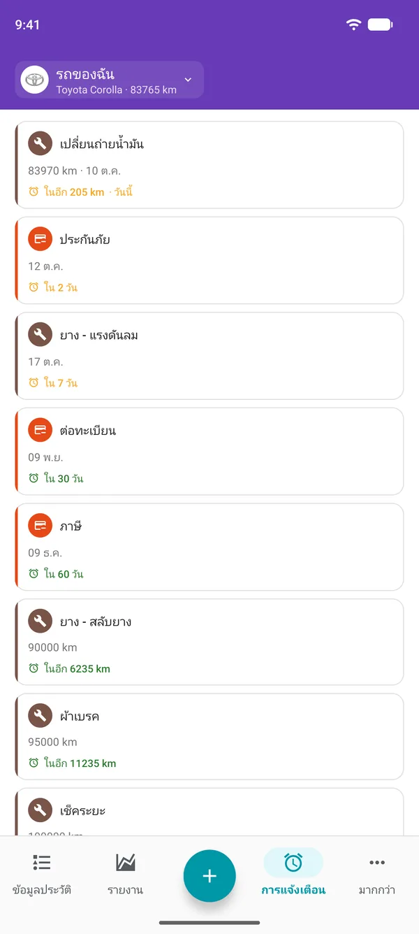 การแจ้งเตือนในแอป Drivvo สำหรับการเข้ารับบริการ การจดทะเบียน และภาษี พร้อมเวลาที่เหลือก่อนถึงกำหนดแต่ละรายการ