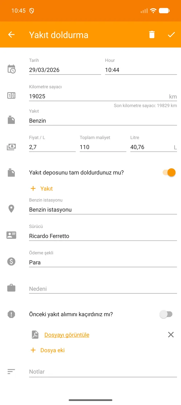 Drivvo — Kayıt — Yakıt takibi