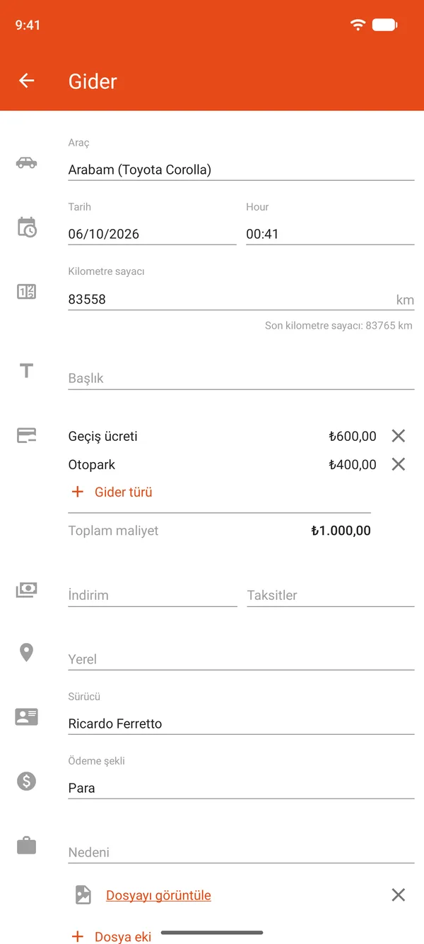 Otopark ve geçiş ücretleri, indirim ve taksit içeren gider kaydı
