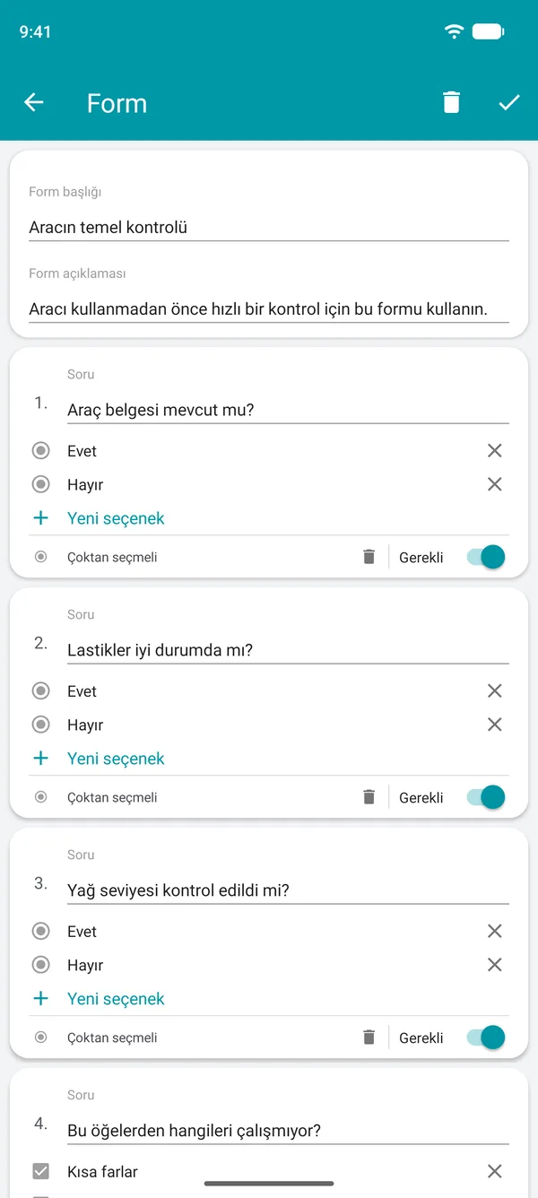 Drivvo uygulamasında evet veya hayır soruları ve zorunlu alan içeren bir kontrol listesi formu oluşturma