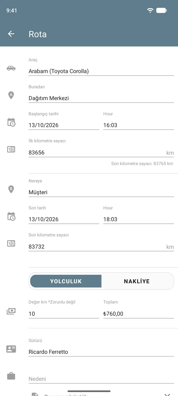 Yolculuk modunda başlangıç noktası, varış noktası, kilometre sayacı değerleri, mesafe başına tutar ve toplamı içeren rota kaydı
