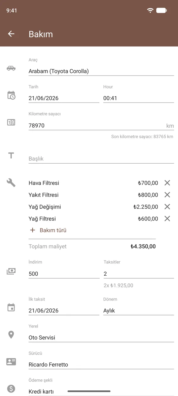 Drivvo'da yağ değişimi, filtreler, maliyetler, kilometre sayacı ve konum içeren bakım kaydı