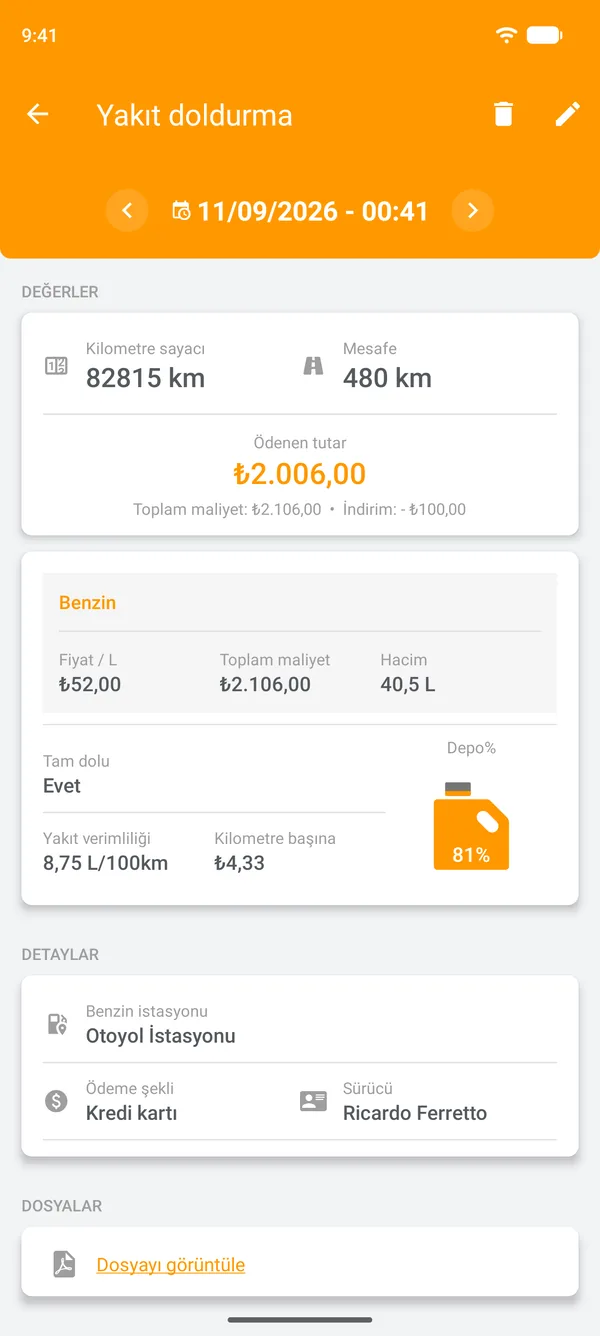 Yakıt verimliliği, katedilen mesafe ve mesafe başına maliyet bilgilerini içeren kayıtlı yakıt doldurma