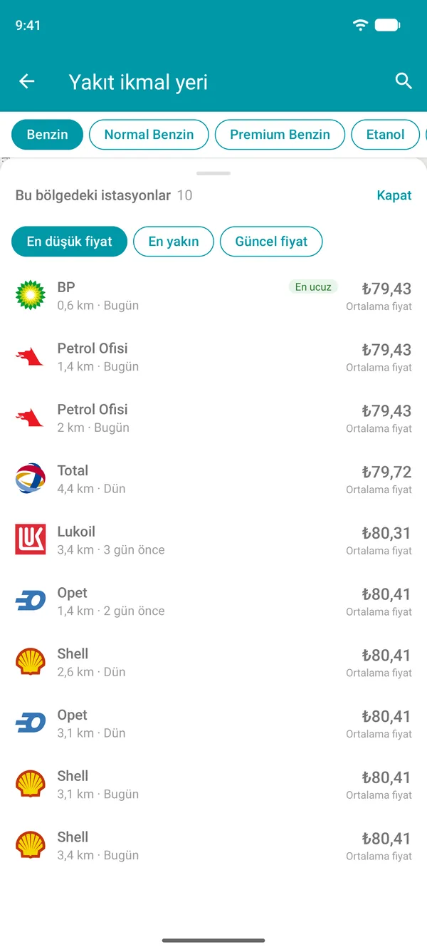Drivvo uygulamasında yakınınızdaki benzin istasyonlarının en düşük fiyattan başlayarak sıralandığı, mesafeye göre sıralama seçeneği sunan liste
