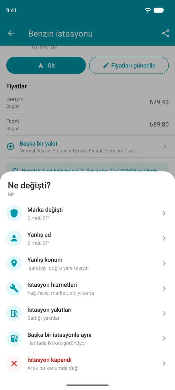 Drivvo uygulamasında Değişiklik öner seçenekleri: marka, ad, konum, hizmetler, yakıtlar, mükerrer veya kapanmış istasyon