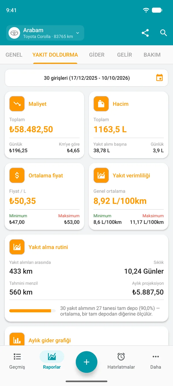 Maliyet, miktar, ortalama fiyat ve genel yakıt verimliliğini gösteren yakıt raporu