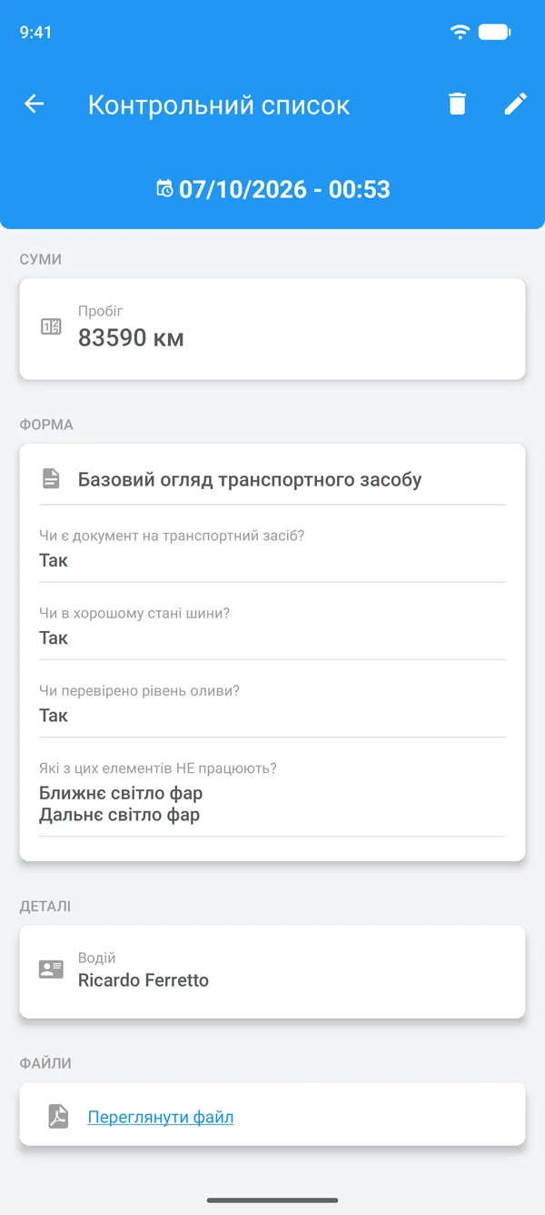 Заповнений чекліст у Drivvo з відповідями, даними водія та прикріпленим файлом
