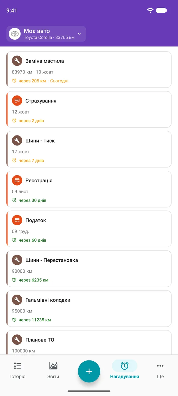 Нагадування в застосунку Drivvo про обслуговування, реєстрацію та податки із зазначенням часу до кожного терміну