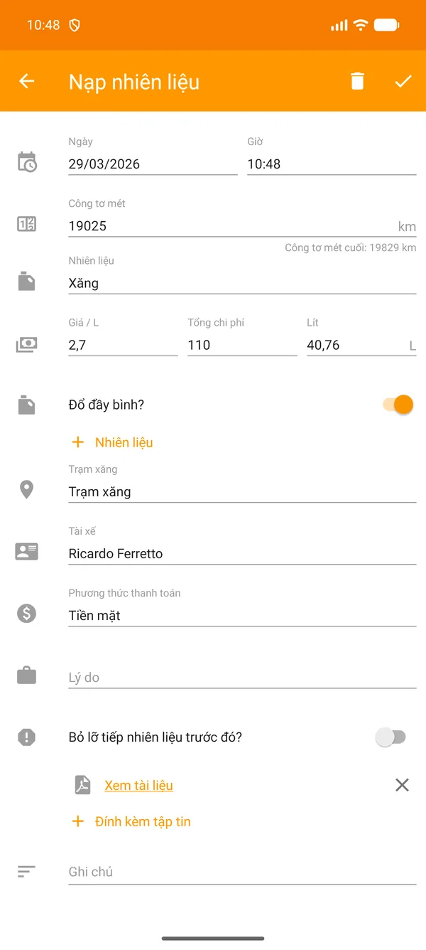 Drivvo — Đăng ký — Nạp nhiên liệu