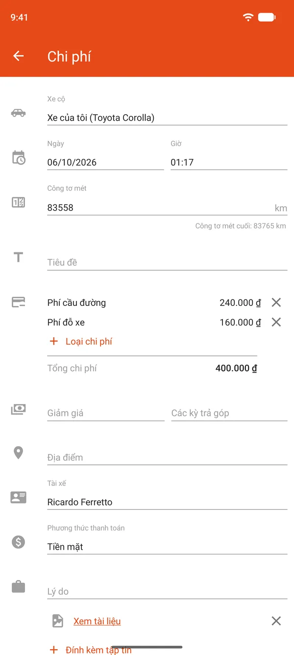 Mục chi phí đỗ xe và phí cầu đường, có giảm giá và trả góp