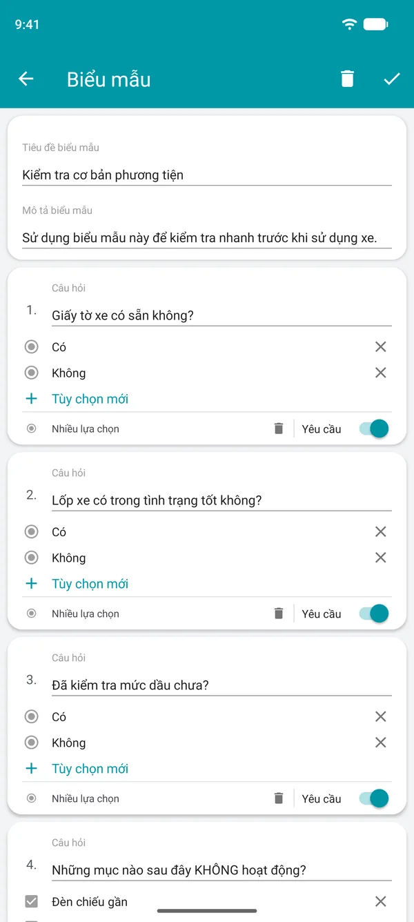 Tạo biểu mẫu danh sách kiểm tra trong ứng dụng Drivvo, gồm câu hỏi có hoặc không và một trường bắt buộc