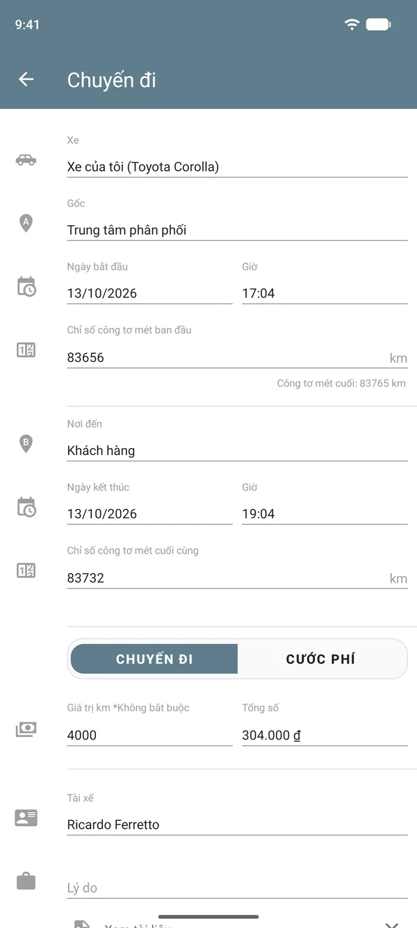 Mục nhập chuyến đi ở chế độ hành trình, gồm điểm đi, điểm đến, chỉ số công tơ mét, đơn giá theo quãng đường và tổng tiền