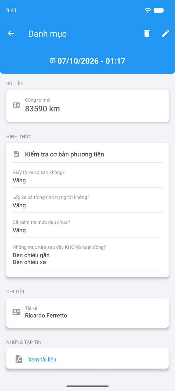 Danh sách kiểm tra đã hoàn tất trên Drivvo, có câu trả lời, tài xế và tệp đính kèm