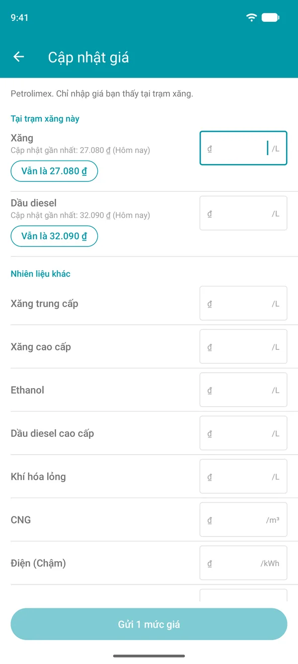 Màn hình Cập nhật giá trong ứng dụng Drivvo, hiển thị giá được báo gần nhất của từng loại nhiên liệu và nút xác nhận