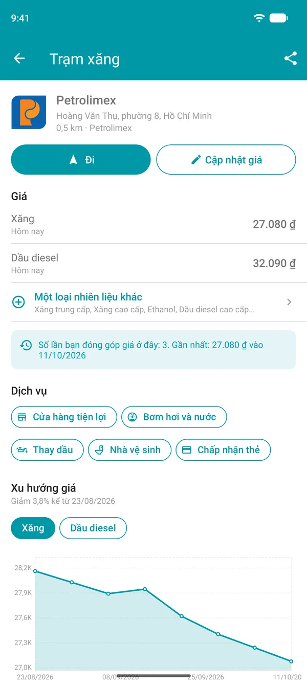 Thông tin trạm xăng trong ứng dụng Drivvo, gồm giá nhiên liệu, dịch vụ và biểu đồ lịch sử giá